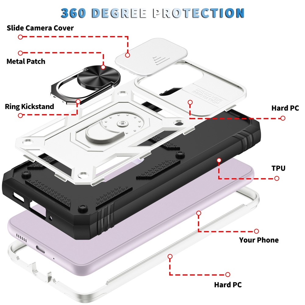 For Samsung Galaxy A33 5G Kickstand Card Holder Phone Case Case Hybrid Soft TPU Hard PC Back Shell with Slide Camera Cover - White / Black-6