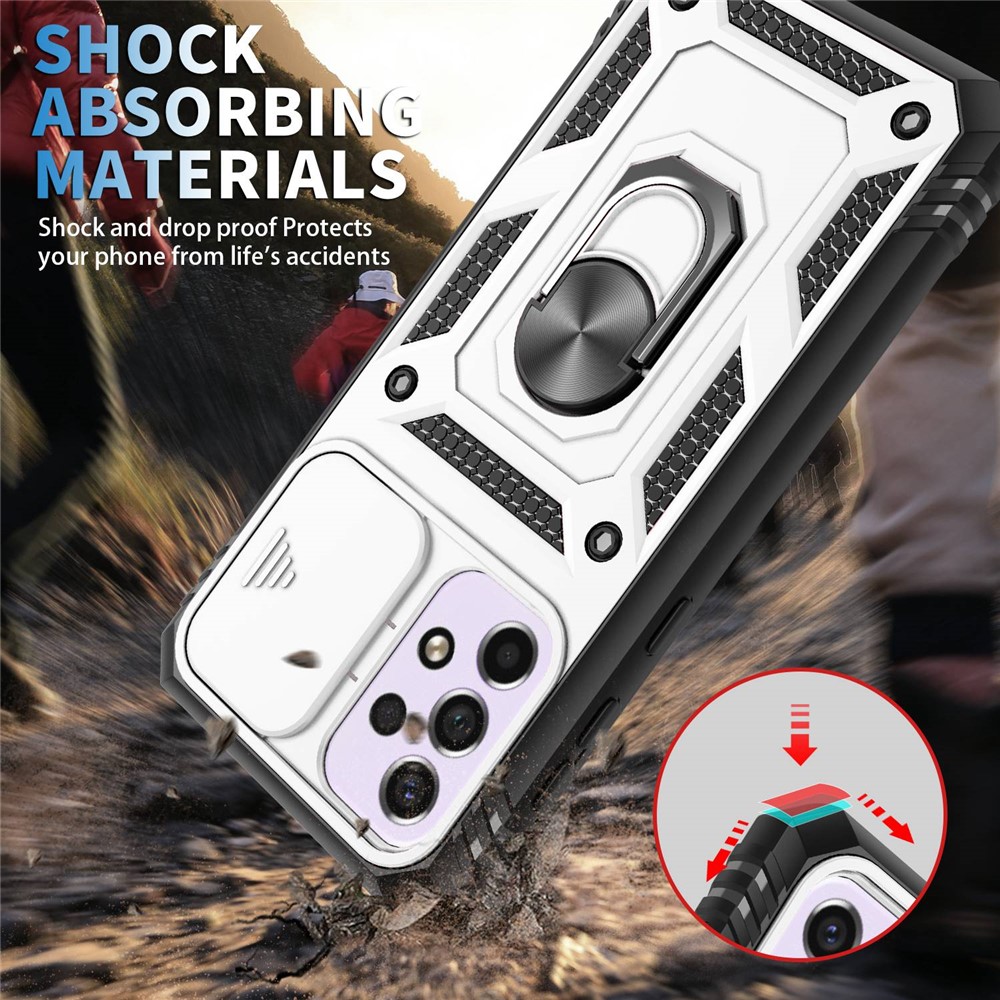 For Samsung Galaxy A33 5G Kickstand Card Holder Phone Case Case Hybrid Soft TPU Hard PC Back Shell with Slide Camera Cover - White / Black-7