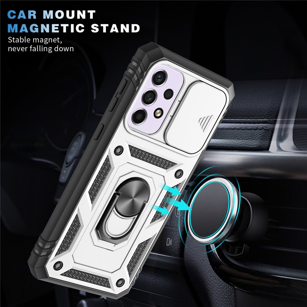 For Samsung Galaxy A33 5G Kickstand Card Holder Phone Case Case Hybrid Soft TPU Hard PC Back Shell with Slide Camera Cover - White / Black-9
