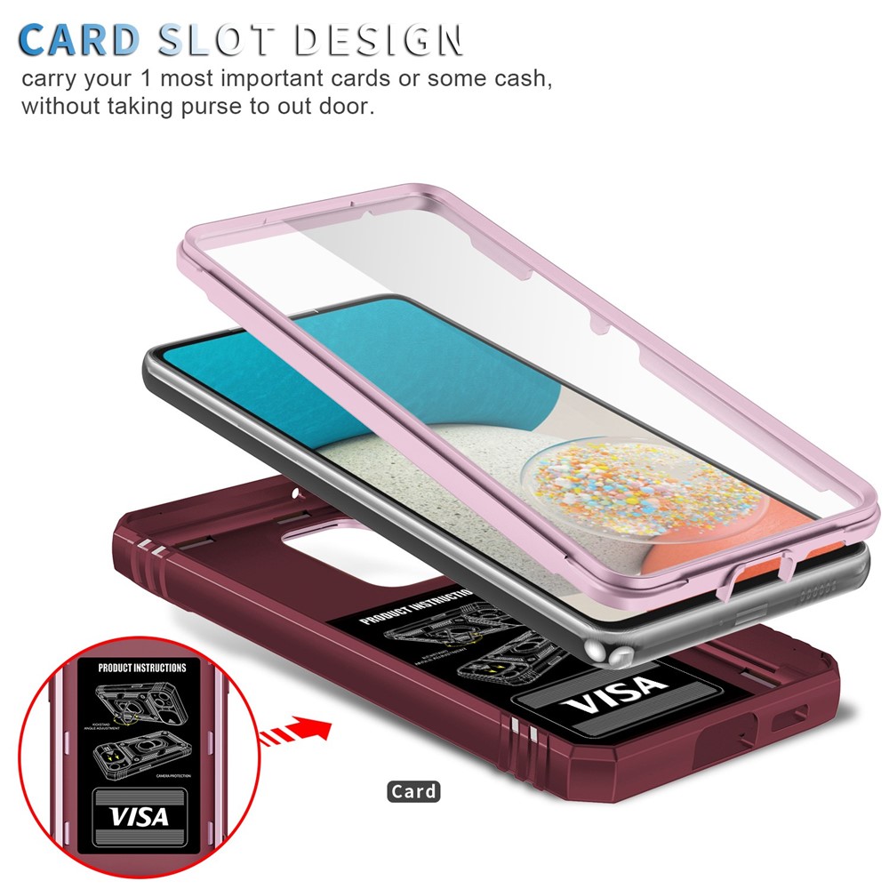 For Samsung Galaxy A53 5G Camera Sliding Door Design Phone Case Hard PC Soft TPU Defender Kickstand Cover with Card Slot - Pink / Dark Red-11