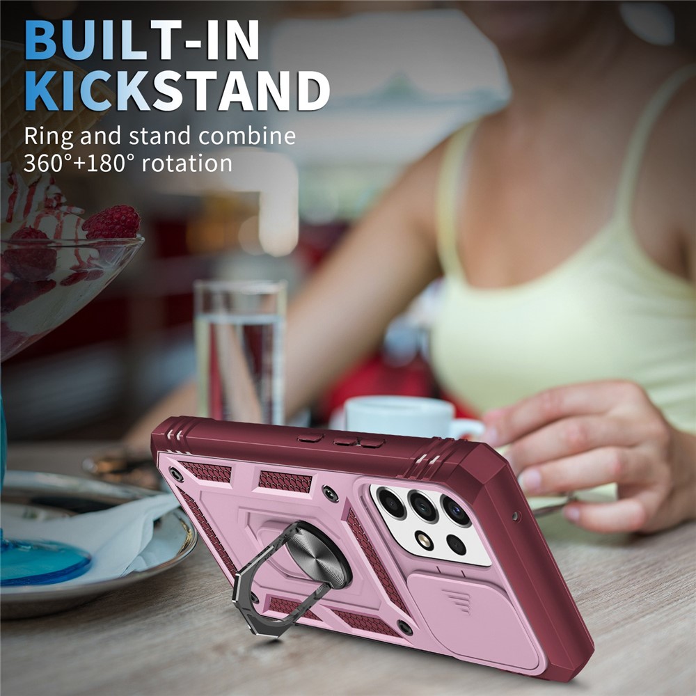 For Samsung Galaxy A53 5G Camera Sliding Door Design Phone Case Hard PC Soft TPU Defender Kickstand Cover with Card Slot - Pink / Dark Red-2