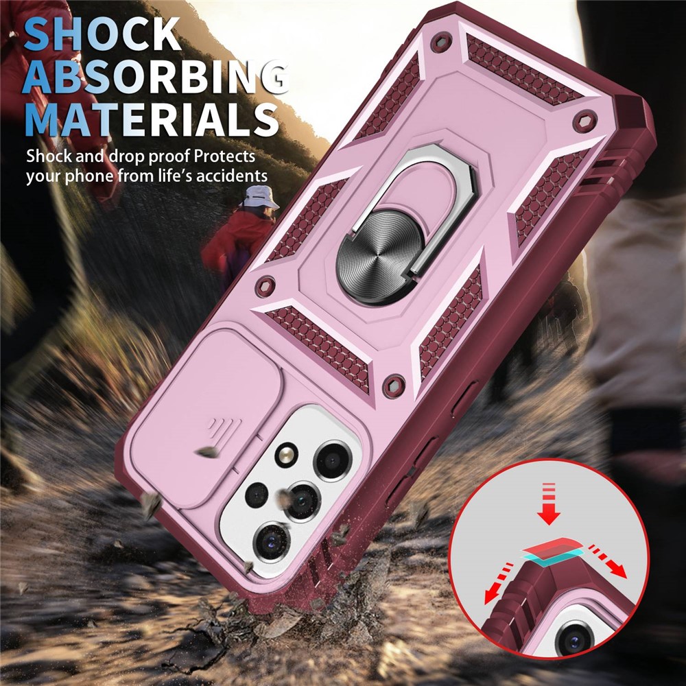 For Samsung Galaxy A53 5G Camera Sliding Door Design Phone Case Hard PC Soft TPU Defender Kickstand Cover with Card Slot - Pink / Dark Red-3