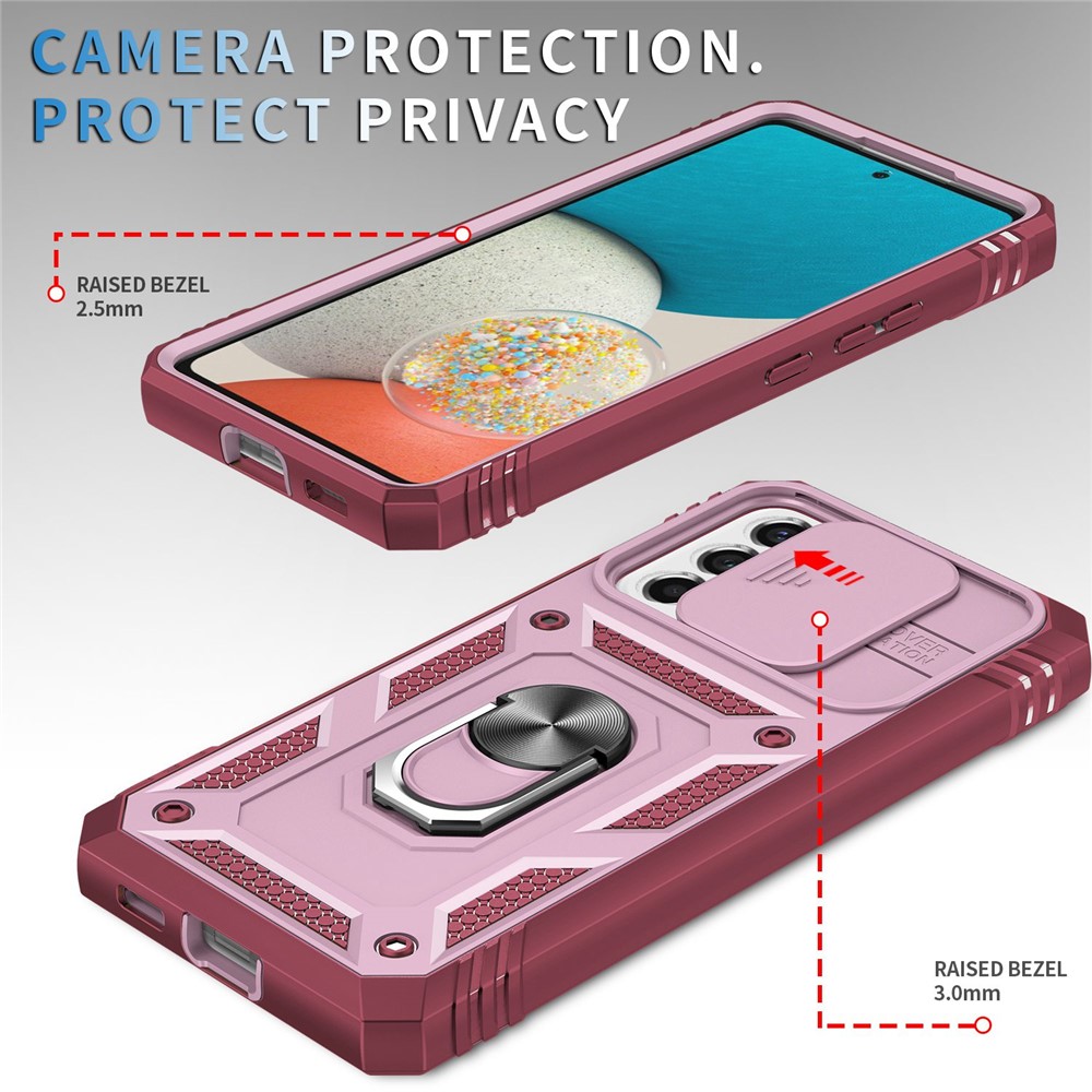 For Samsung Galaxy A53 5G Camera Sliding Door Design Phone Case Hard PC Soft TPU Defender Kickstand Cover with Card Slot - Pink / Dark Red-4