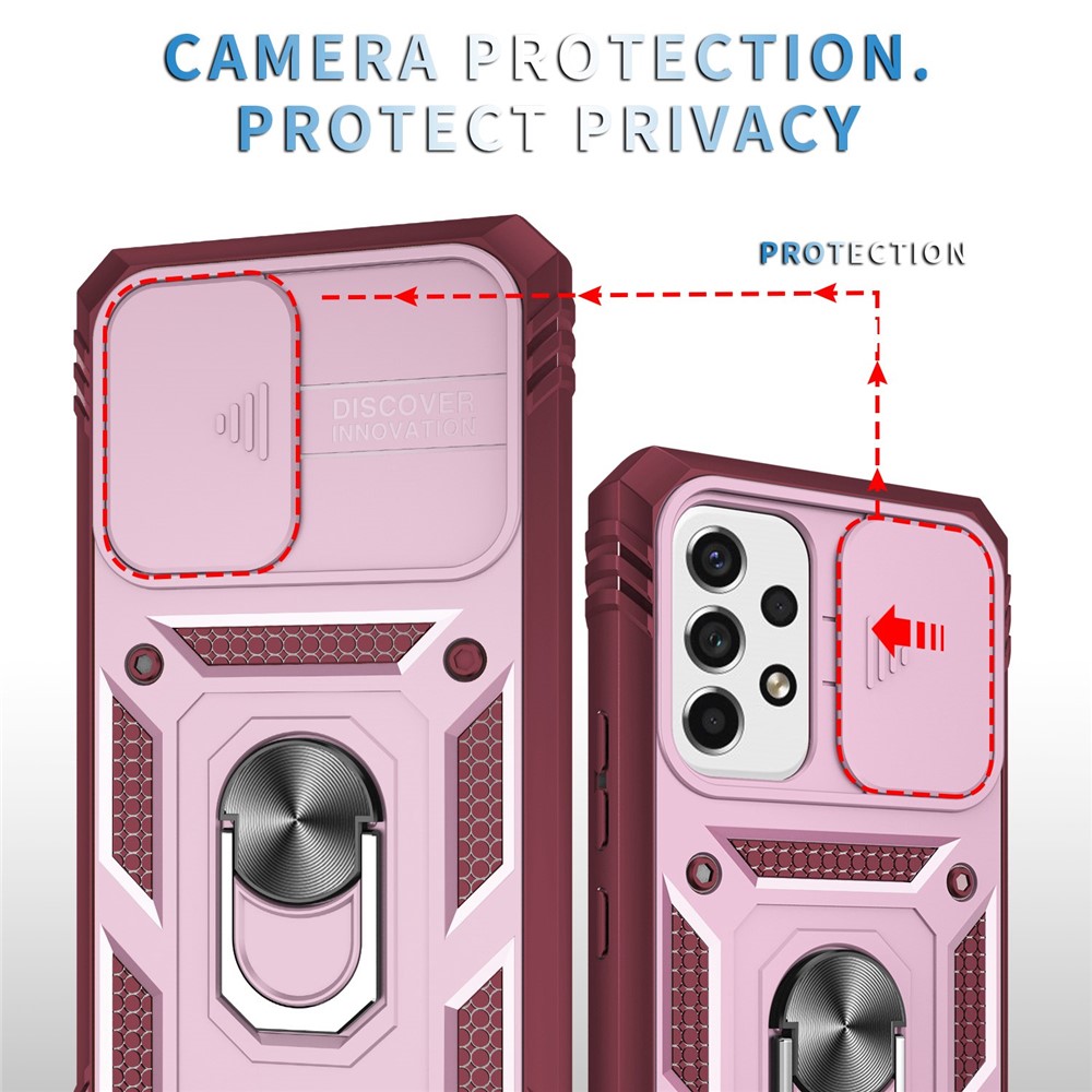 For Samsung Galaxy A53 5G Camera Sliding Door Design Phone Case Hard PC Soft TPU Defender Kickstand Cover with Card Slot - Pink / Dark Red-5