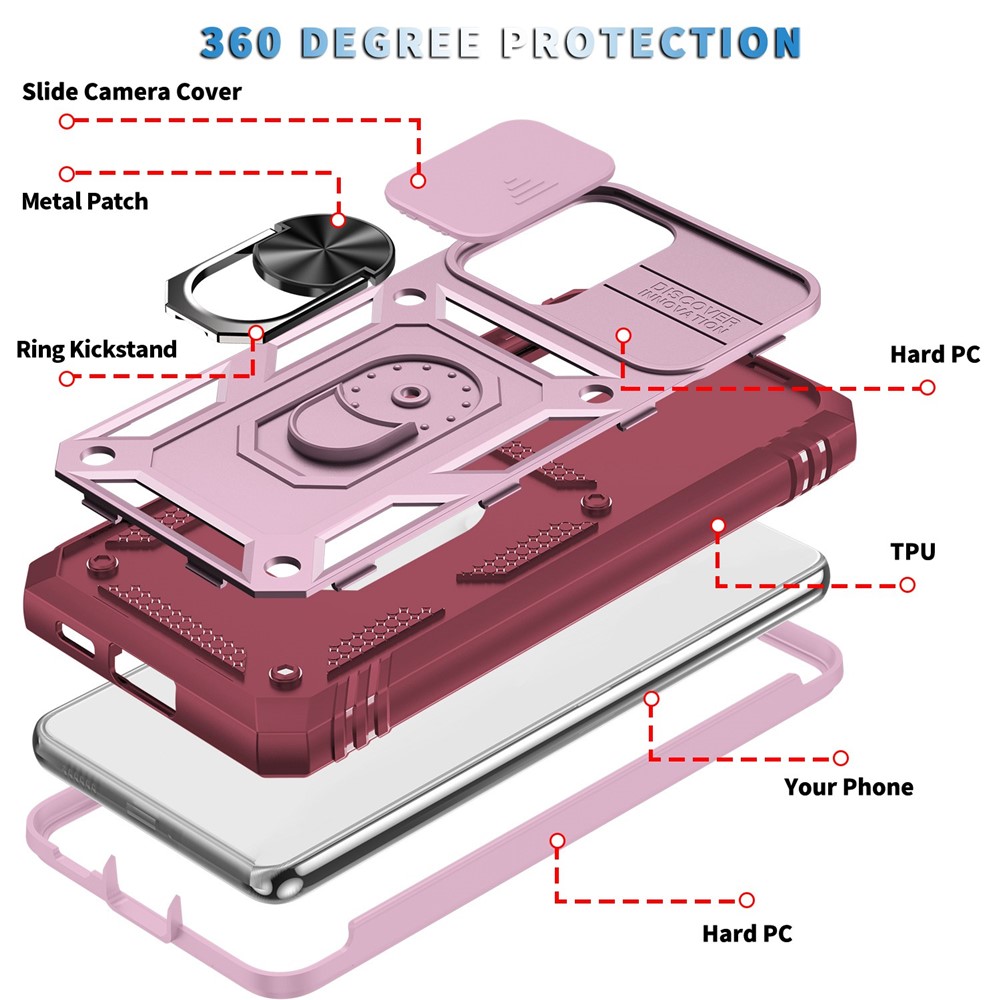 For Samsung Galaxy A53 5G Camera Sliding Door Design Phone Case Hard PC Soft TPU Defender Kickstand Cover with Card Slot - Pink / Dark Red-6