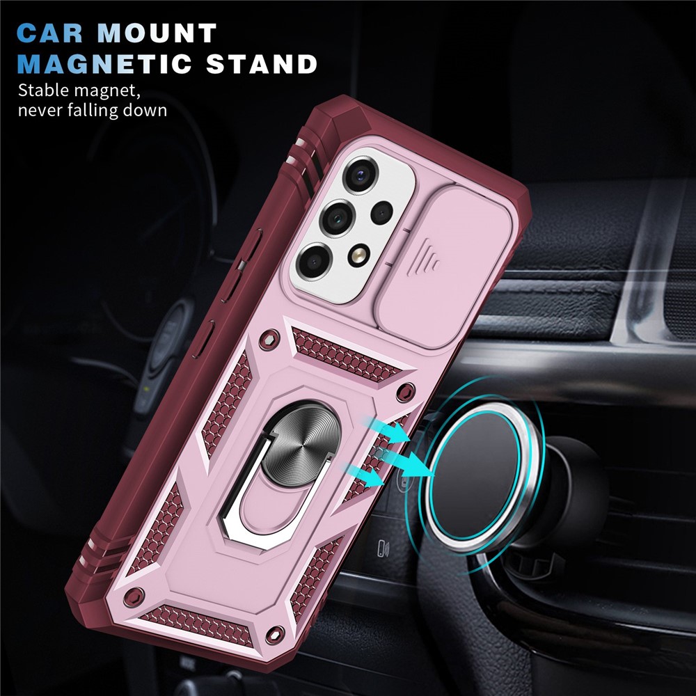 For Samsung Galaxy A53 5G Camera Sliding Door Design Phone Case Hard PC Soft TPU Defender Kickstand Cover with Card Slot - Pink / Dark Red-9