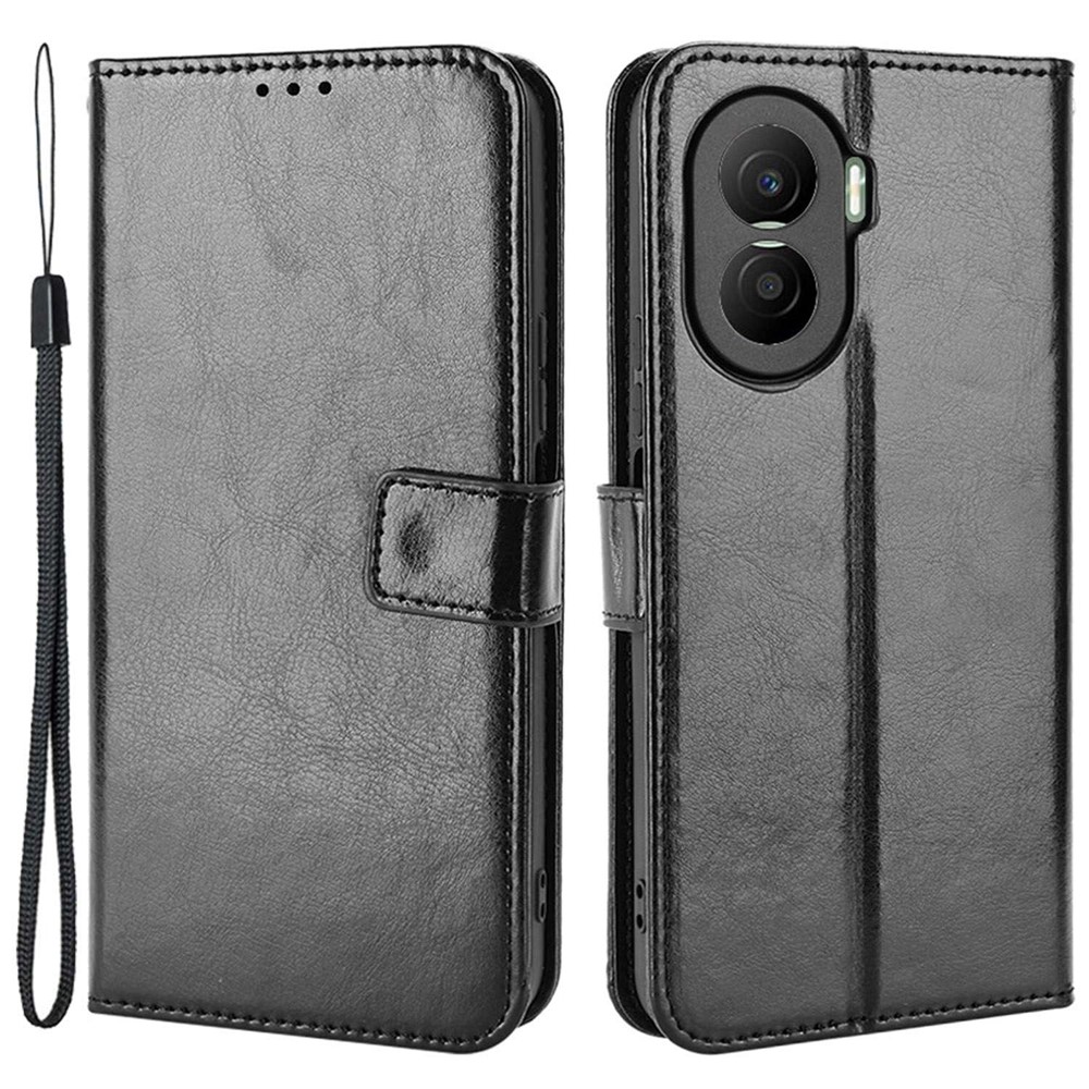 Crazy Horse Texture PU Leather Case for Honor X40i 5G, Foldable Stand Full Protection Phone Wallet Cover - Black-1