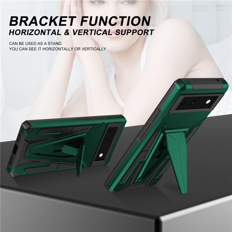 For Google Pixel 6 PC + TPU Hybrid Phone Case V-Shaped Kickstand Shockproof Cover with Car Mount Metal Sheet - Dark Green-2