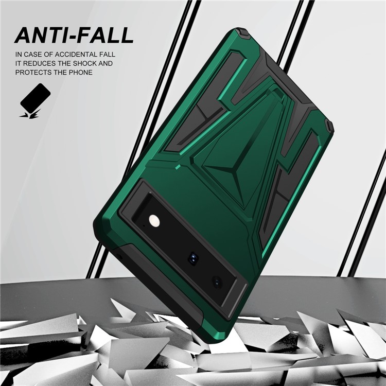 For Google Pixel 6 PC + TPU Hybrid Phone Case V-Shaped Kickstand Shockproof Cover with Car Mount Metal Sheet - Dark Green-3