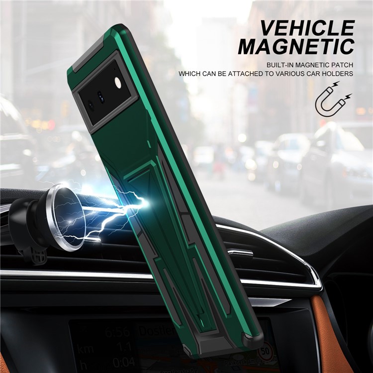 For Google Pixel 6 PC + TPU Hybrid Phone Case V-Shaped Kickstand Shockproof Cover with Car Mount Metal Sheet - Dark Green-4
