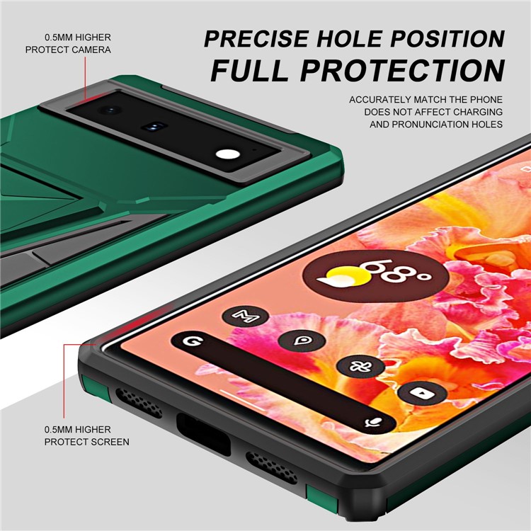 For Google Pixel 6 PC + TPU Hybrid Phone Case V-Shaped Kickstand Shockproof Cover with Car Mount Metal Sheet - Dark Green-5