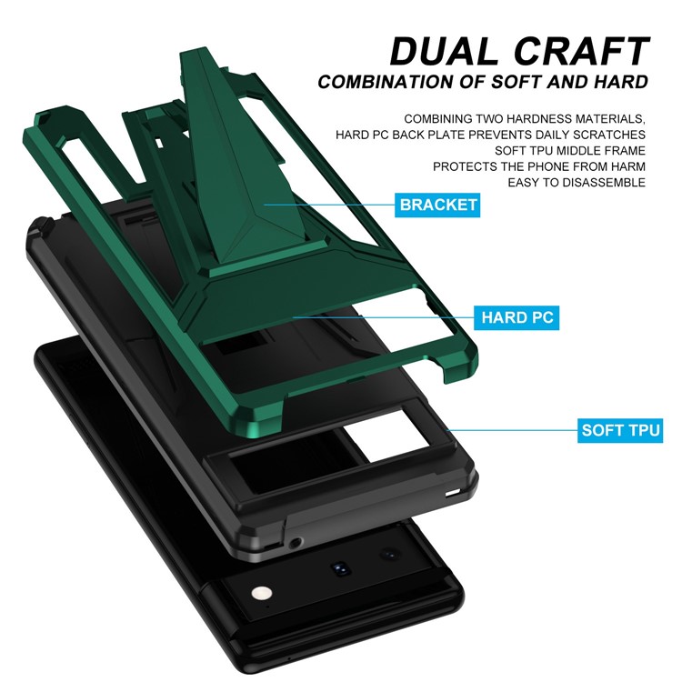For Google Pixel 6 PC + TPU Hybrid Phone Case V-Shaped Kickstand Shockproof Cover with Car Mount Metal Sheet - Dark Green-6