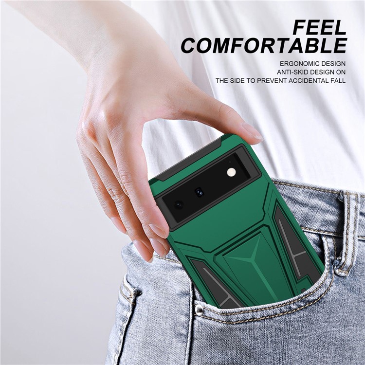 For Google Pixel 6 PC + TPU Hybrid Phone Case V-Shaped Kickstand Shockproof Cover with Car Mount Metal Sheet - Dark Green-7