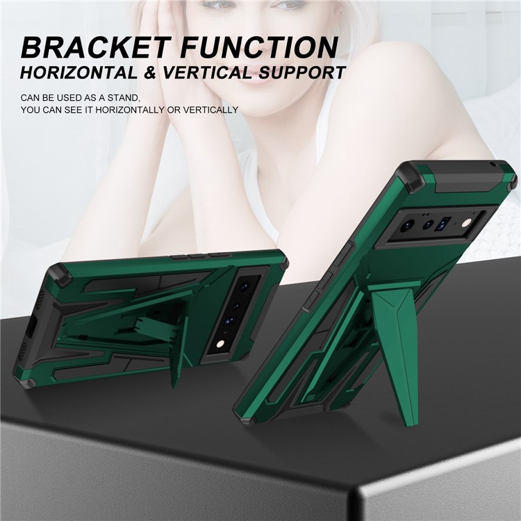 For Google Pixel 6 Pro 5G Hard PC + Soft TPU Anti-drop Case V-Shaped Kickstand Phone Cover with Car Mount Metal Sheet - Dark Green-2