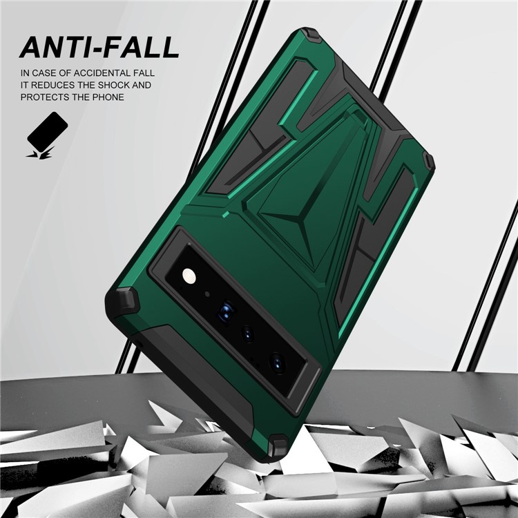 For Google Pixel 6 Pro 5G Hard PC + Soft TPU Anti-drop Case V-Shaped Kickstand Phone Cover with Car Mount Metal Sheet - Dark Green-3