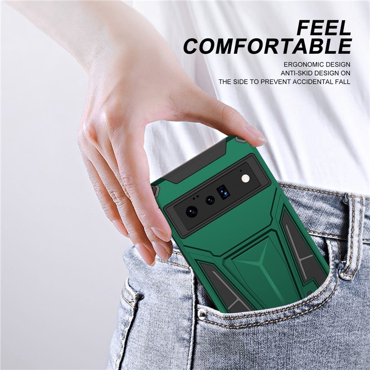 For Google Pixel 6 Pro 5G Hard PC + Soft TPU Anti-drop Case V-Shaped Kickstand Phone Cover with Car Mount Metal Sheet - Dark Green-7