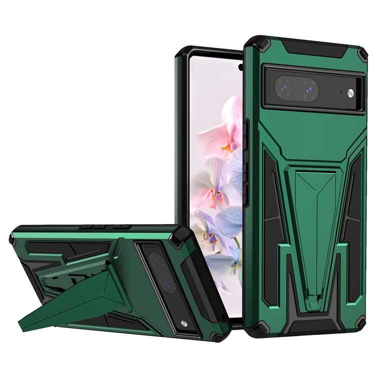 For Google Pixel 7 5G Built-in Metal Sheet PC + TPU Hybrid Case V-Shaped Kickstand Anti-scratch Phone Shell - Dark Green-1