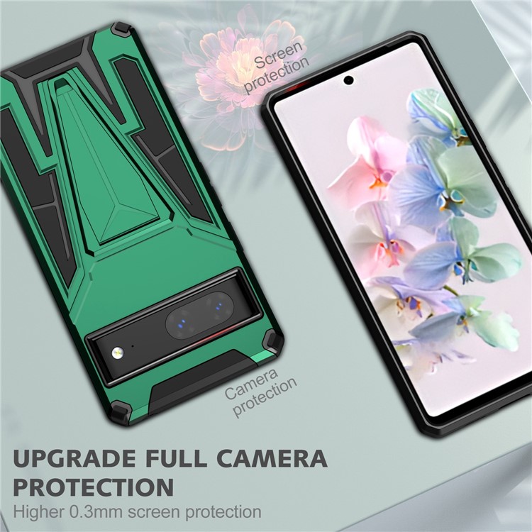 For Google Pixel 7 5G Built-in Metal Sheet PC + TPU Hybrid Case V-Shaped Kickstand Anti-scratch Phone Shell - Dark Green-2