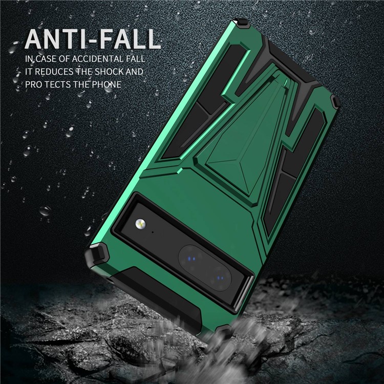 For Google Pixel 7 5G Built-in Metal Sheet PC + TPU Hybrid Case V-Shaped Kickstand Anti-scratch Phone Shell - Dark Green-3