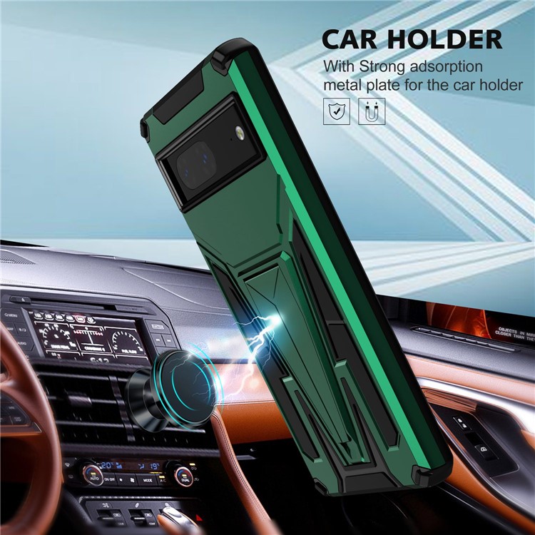 For Google Pixel 7 5G Built-in Metal Sheet PC + TPU Hybrid Case V-Shaped Kickstand Anti-scratch Phone Shell - Dark Green-4