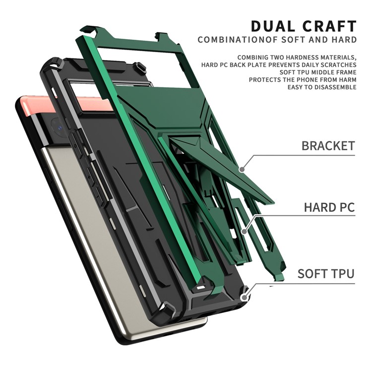 For Google Pixel 7 5G Built-in Metal Sheet PC + TPU Hybrid Case V-Shaped Kickstand Anti-scratch Phone Shell - Dark Green-5