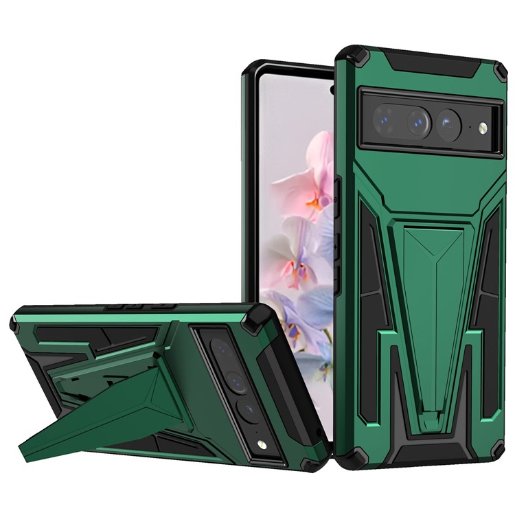 For Google Pixel 7 Pro PC + TPU Dual Layer Phone Case V-Shaped Kickstand Drop-proof Cover with Built-in Magnetic Holder Metal Sheet - Dark Green-1