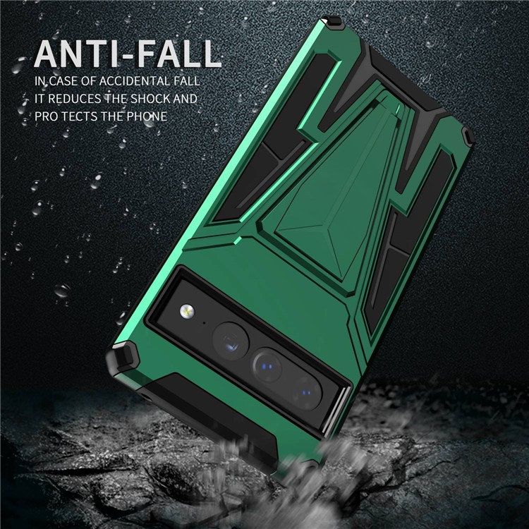 For Google Pixel 7 Pro PC + TPU Dual Layer Phone Case V-Shaped Kickstand Drop-proof Cover with Built-in Magnetic Holder Metal Sheet - Dark Green-3