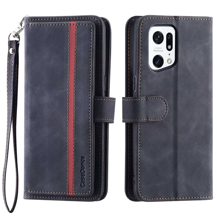 CASEDANCE Waltz 002 Series for Oppo Find X5 Pro 5G Phone Cover, Handy Strap Wallet Stand Magnetic Anti-drop Phone Case - Black-1