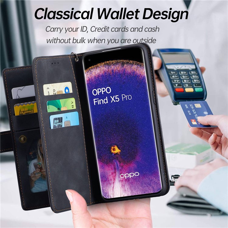 CASEDANCE Waltz 002 Series for Oppo Find X5 Pro 5G Phone Cover, Handy Strap Wallet Stand Magnetic Anti-drop Phone Case - Black-5