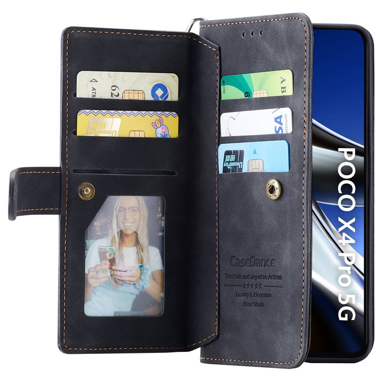 CASEDANCE Waltz 002 Series for Xiaomi Poco X4 Pro 5G Folio Flip PU Leather Cover Drop-proof Wallet Stand Phone Case with Wrist Strap - Black-2