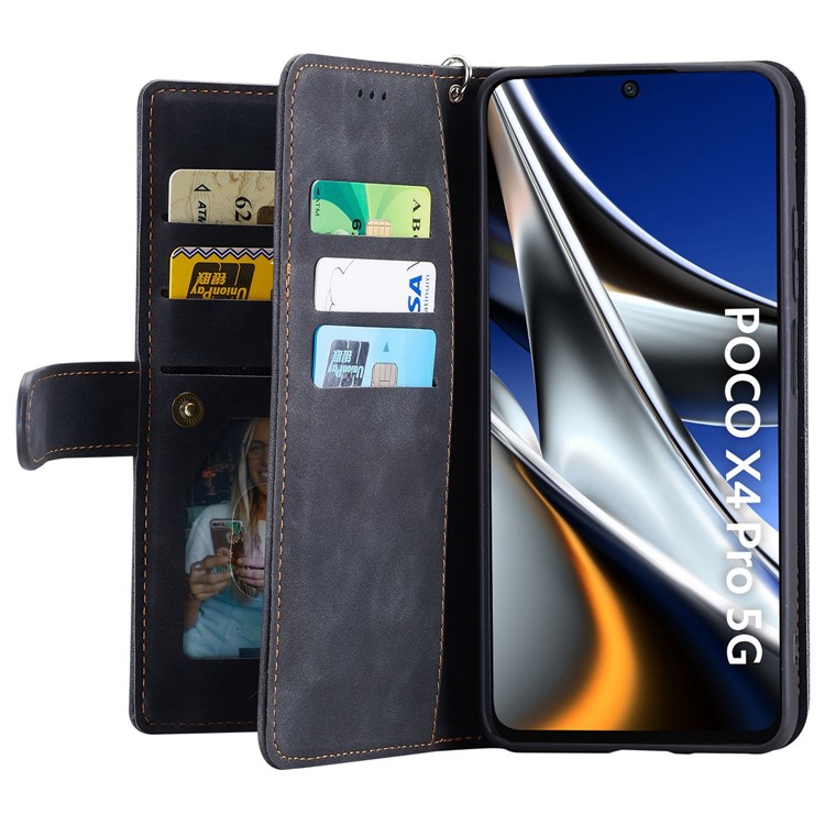 CASEDANCE Waltz 002 Series for Xiaomi Poco X4 Pro 5G Folio Flip PU Leather Cover Drop-proof Wallet Stand Phone Case with Wrist Strap - Black-3