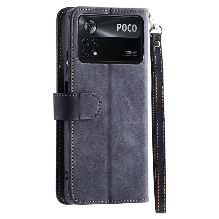 CASEDANCE Waltz 002 Series for Xiaomi Poco X4 Pro 5G Folio Flip PU Leather Cover Drop-proof Wallet Stand Phone Case with Wrist Strap - Black-8