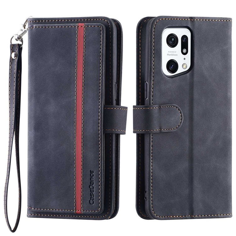 CASEDANCE Waltz 002 Series for Oppo Find X5 Shockproof Stand Phone Case PU Leather Wallet Magnetic Clasp Cover with Wrist Strap - Black-1