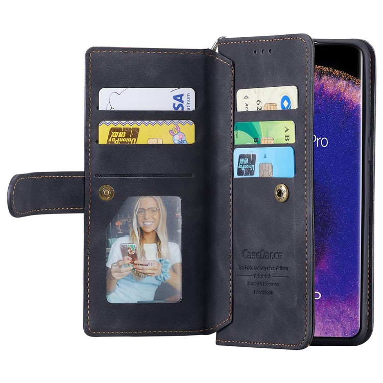 CASEDANCE Waltz 002 Series for Oppo Find X5 Shockproof Stand Phone Case PU Leather Wallet Magnetic Clasp Cover with Wrist Strap - Black-2