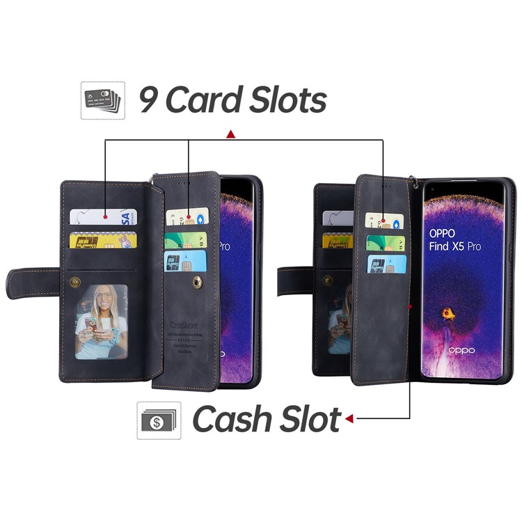 CASEDANCE Waltz 002 Series for Oppo Find X5 Shockproof Stand Phone Case PU Leather Wallet Magnetic Clasp Cover with Wrist Strap - Black-4
