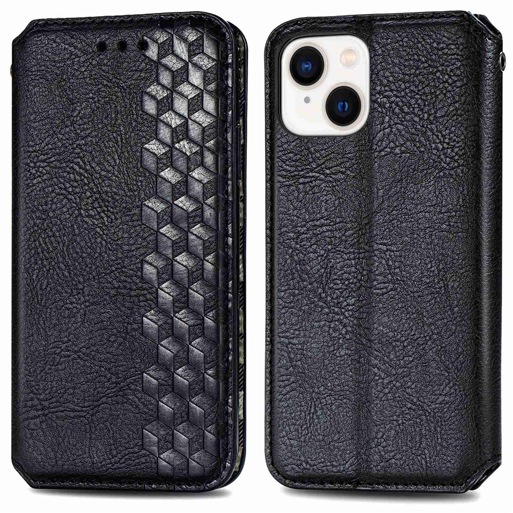 For iPhone 14 6.1 inch Shockproof Flip Leather Wallet Case Auto-absorbed Magnetic Rhombus Imprinting Phone Cover Stand - Black-1