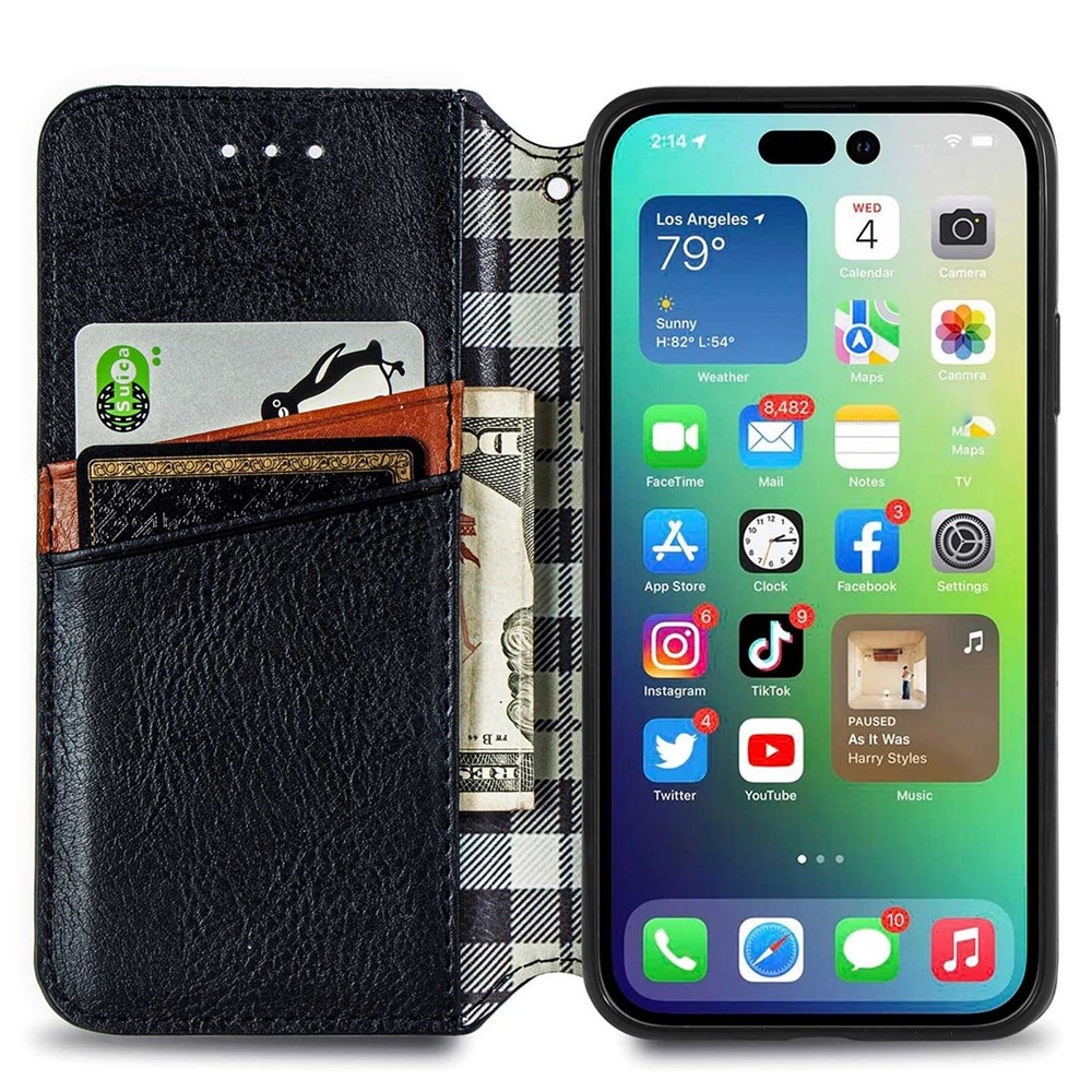 For iPhone 14 6.1 inch Shockproof Flip Leather Wallet Case Auto-absorbed Magnetic Rhombus Imprinting Phone Cover Stand - Black-2