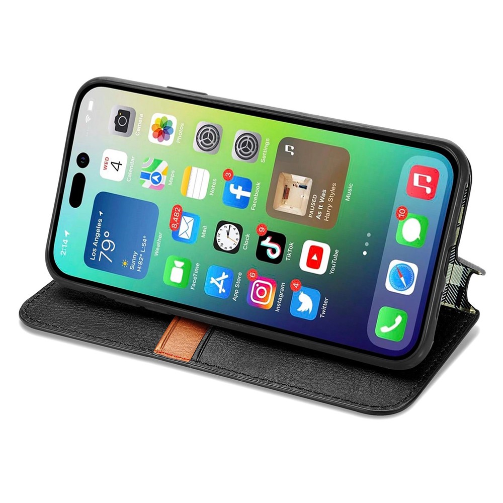 For iPhone 14 6.1 inch Shockproof Flip Leather Wallet Case Auto-absorbed Magnetic Rhombus Imprinting Phone Cover Stand - Black-3