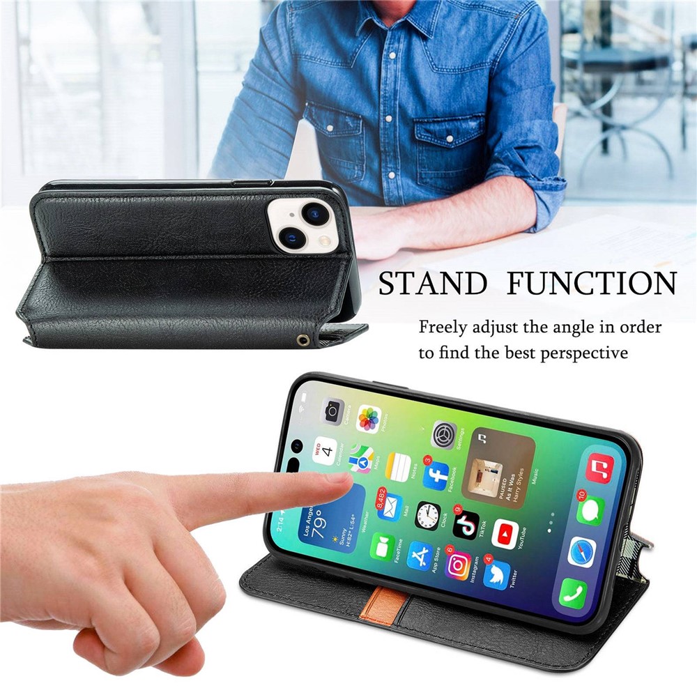 For iPhone 14 6.1 inch Shockproof Flip Leather Wallet Case Auto-absorbed Magnetic Rhombus Imprinting Phone Cover Stand - Black-4