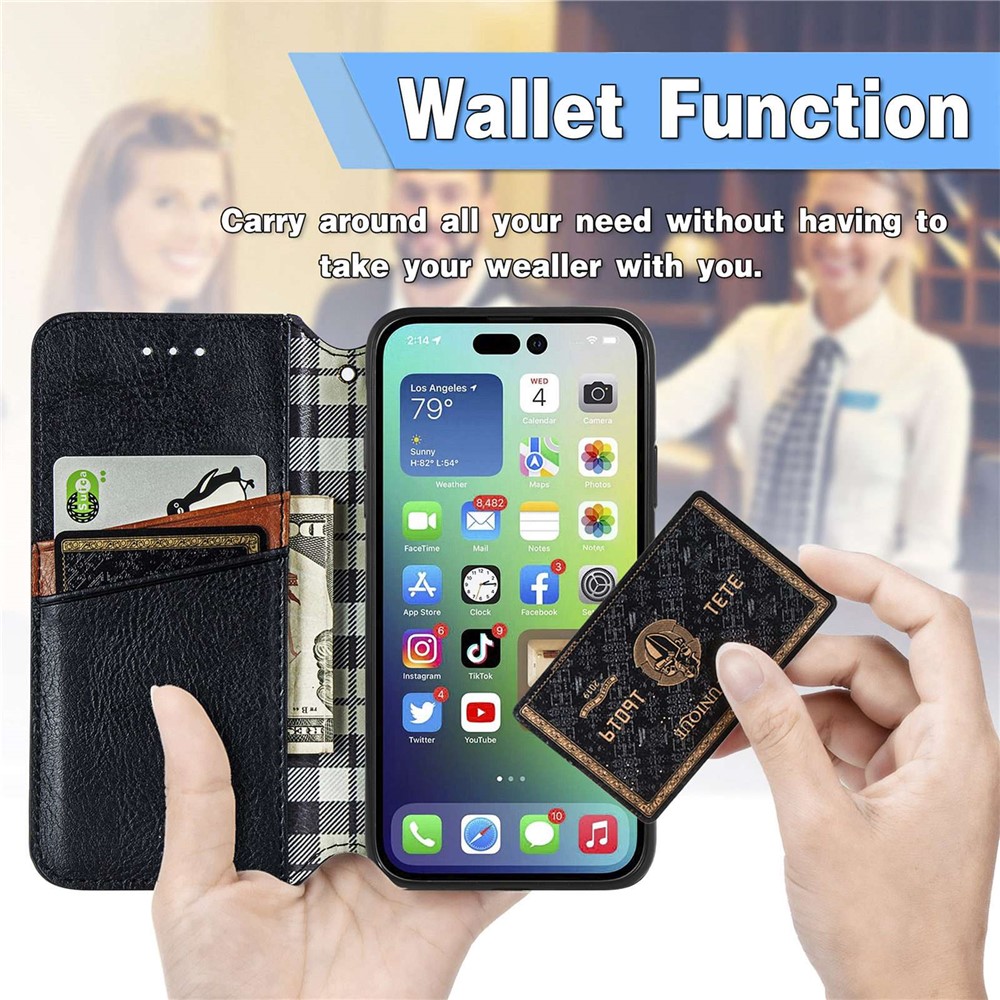 For iPhone 14 6.1 inch Shockproof Flip Leather Wallet Case Auto-absorbed Magnetic Rhombus Imprinting Phone Cover Stand - Black-5