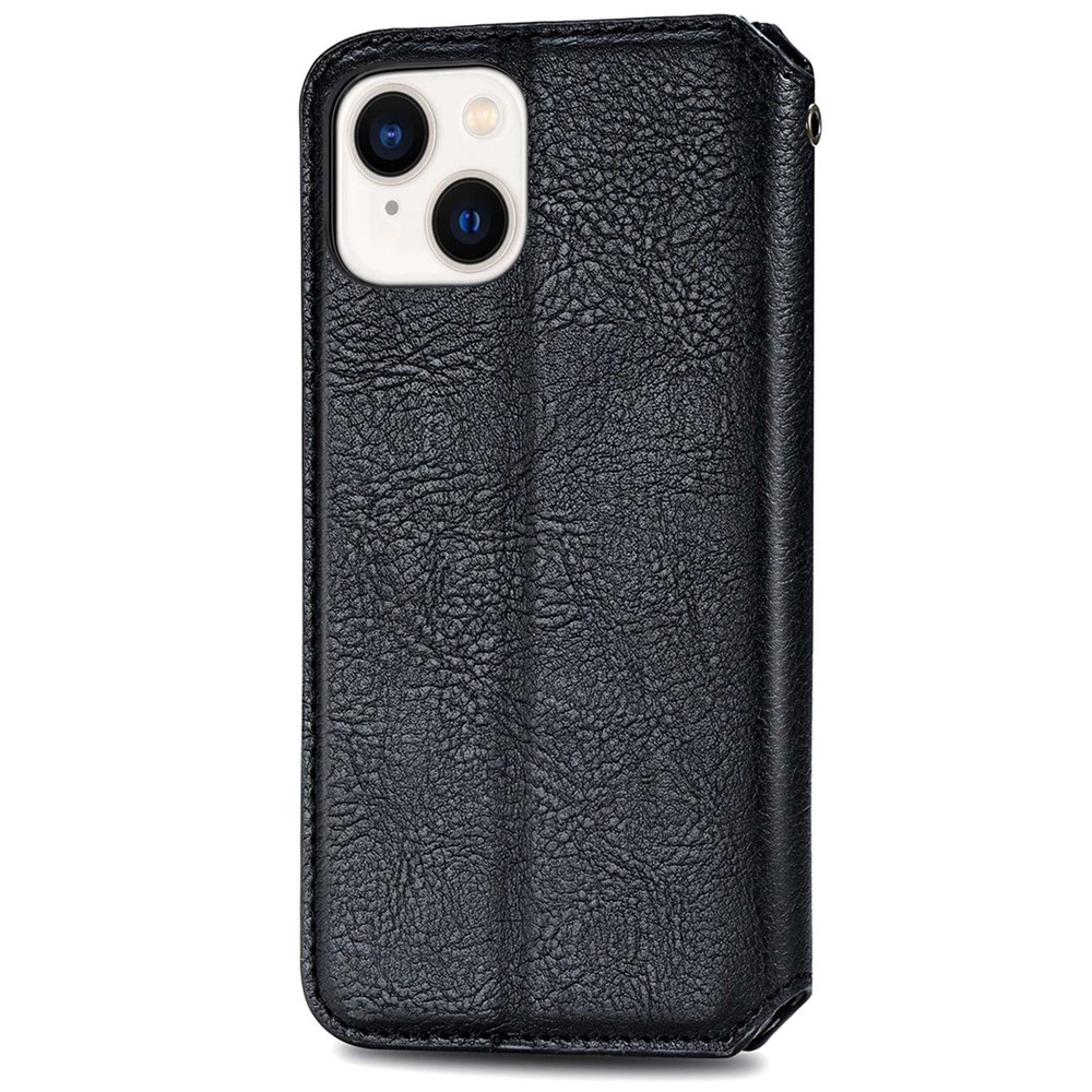 For iPhone 14 6.1 inch Shockproof Flip Leather Wallet Case Auto-absorbed Magnetic Rhombus Imprinting Phone Cover Stand - Black-9
