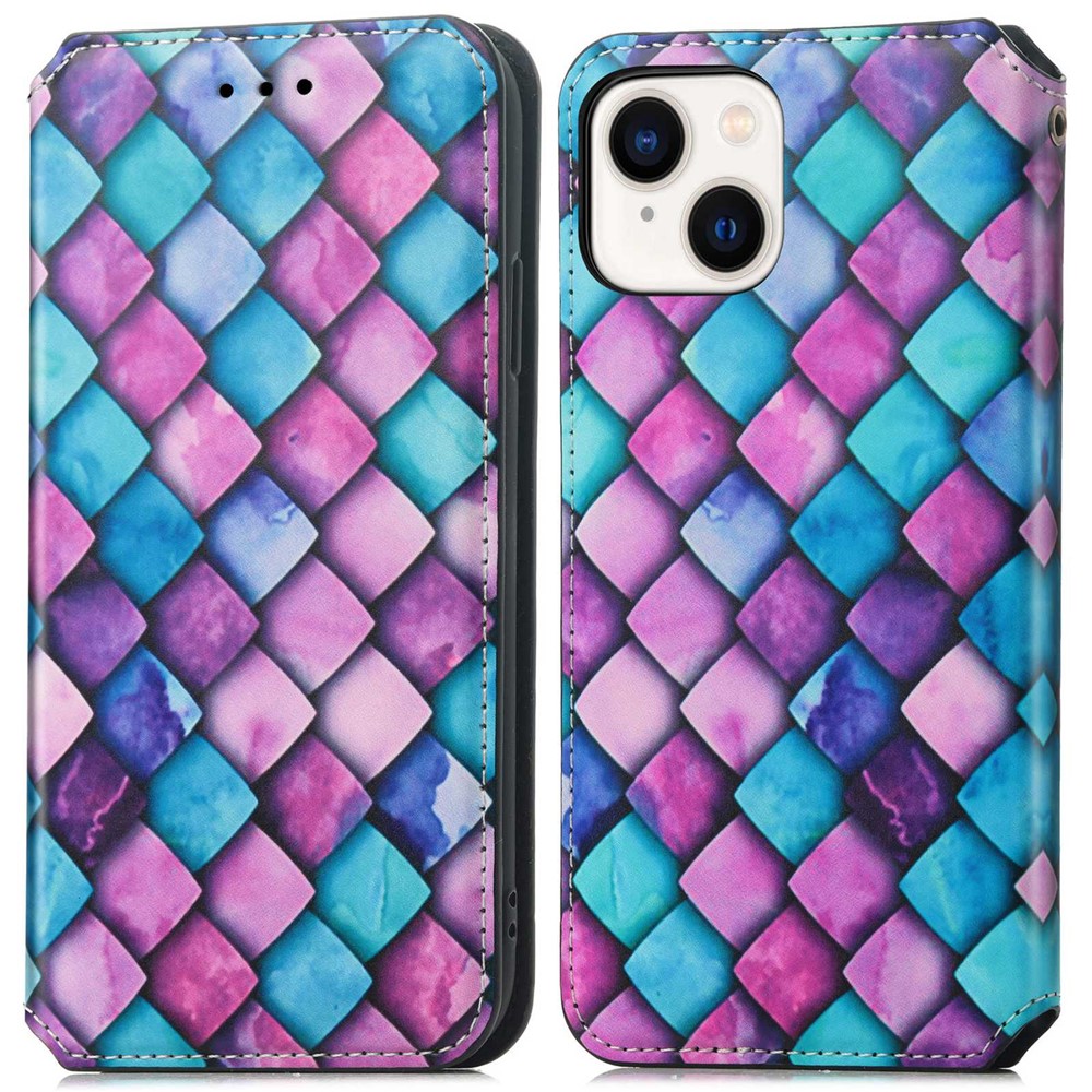 CASENEO 001 Series for iPhone 14 6.1 inch, Magnetic Auto Closing Flip Leather Wallet Case Stand Pattern Printing Shockproof Phone Cover with RFID Blocking - Purple Scale-1
