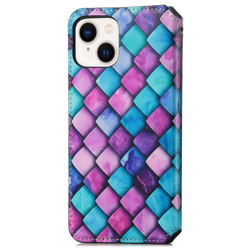 CASENEO 001 Series for iPhone 14 6.1 inch, Magnetic Auto Closing Flip Leather Wallet Case Stand Pattern Printing Shockproof Phone Cover with RFID Blocking - Purple Scale-9