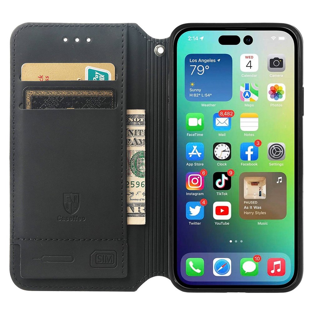 CASENEO 001 Series for iPhone 14 6.1 inch, Magnetic Auto Closing Flip Leather Wallet Case Stand Pattern Printing Shockproof Phone Cover with RFID Blocking - Purple Scale-2