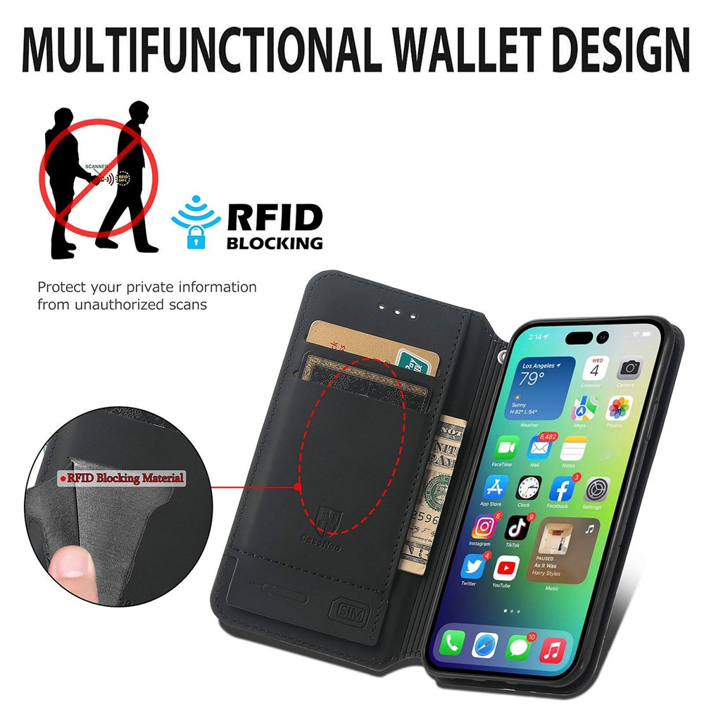 CASENEO 001 Series for iPhone 14 6.1 inch, Magnetic Auto Closing Flip Leather Wallet Case Stand Pattern Printing Shockproof Phone Cover with RFID Blocking - Purple Scale-5