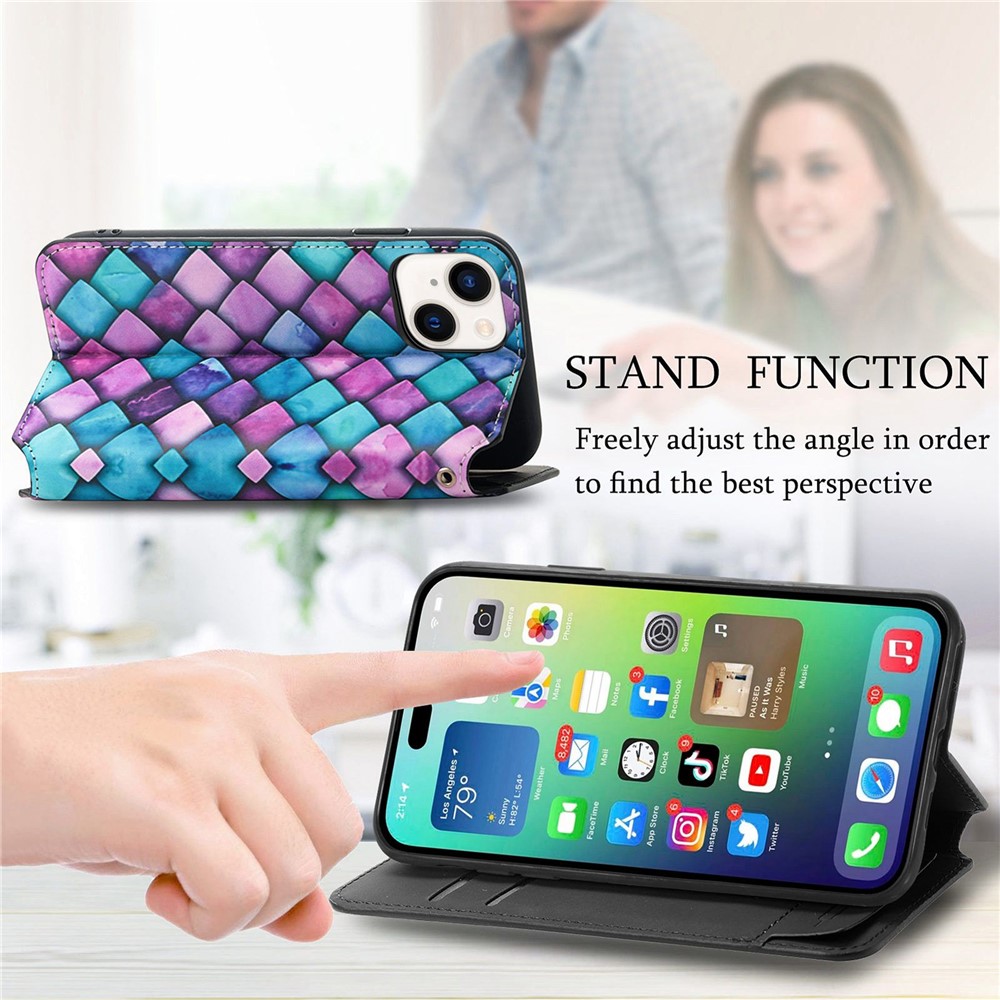 CASENEO 001 Series for iPhone 14 6.1 inch, Magnetic Auto Closing Flip Leather Wallet Case Stand Pattern Printing Shockproof Phone Cover with RFID Blocking - Purple Scale-7