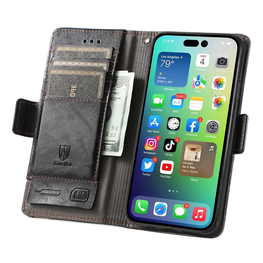 CASENEO 002 Series for iPhone 14 6.1 inch Stand Wallet Leather Phone Case Business Style Splicing RFID Blocking Protective Cover - Black-2