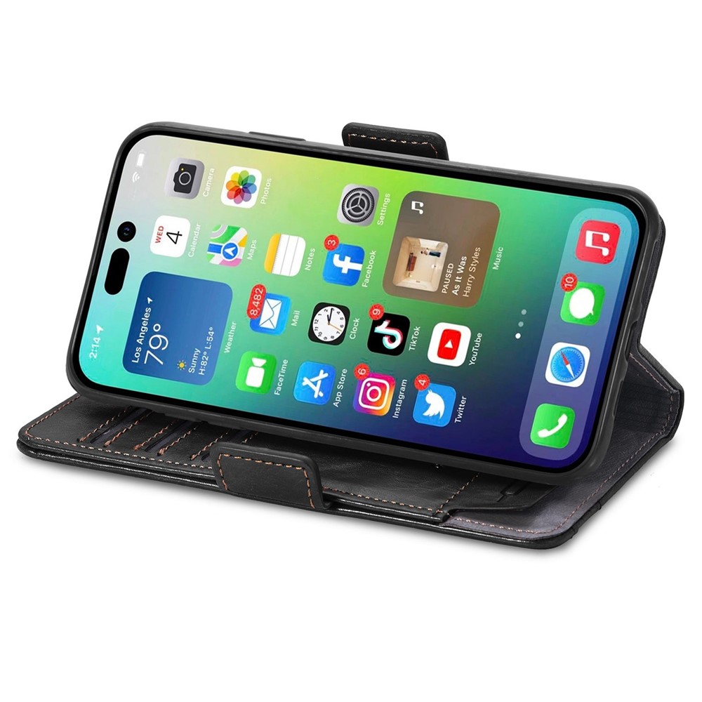 CASENEO 002 Series for iPhone 14 6.1 inch Stand Wallet Leather Phone Case Business Style Splicing RFID Blocking Protective Cover - Black-3