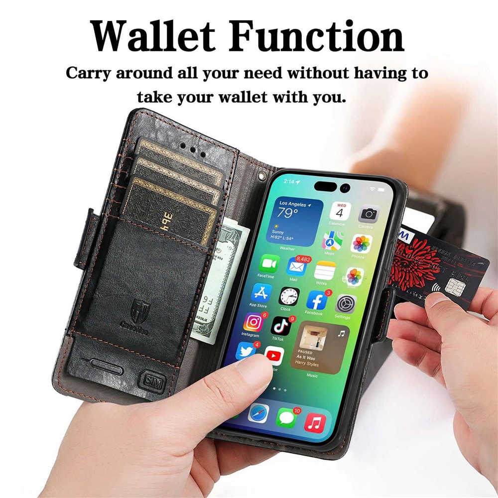 CASENEO 002 Series for iPhone 14 6.1 inch Stand Wallet Leather Phone Case Business Style Splicing RFID Blocking Protective Cover - Black-4