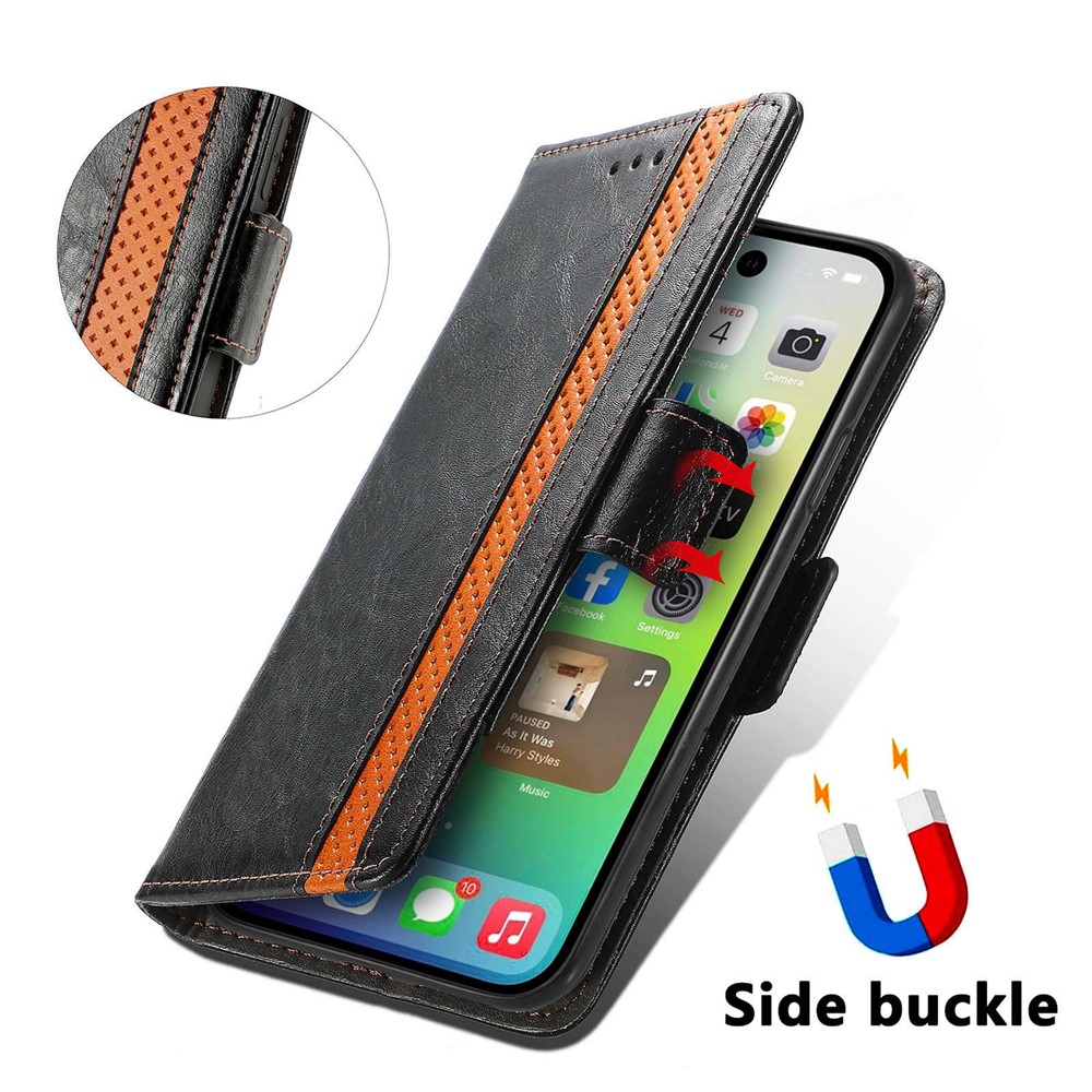 CASENEO 002 Series for iPhone 14 6.1 inch Stand Wallet Leather Phone Case Business Style Splicing RFID Blocking Protective Cover - Black-5